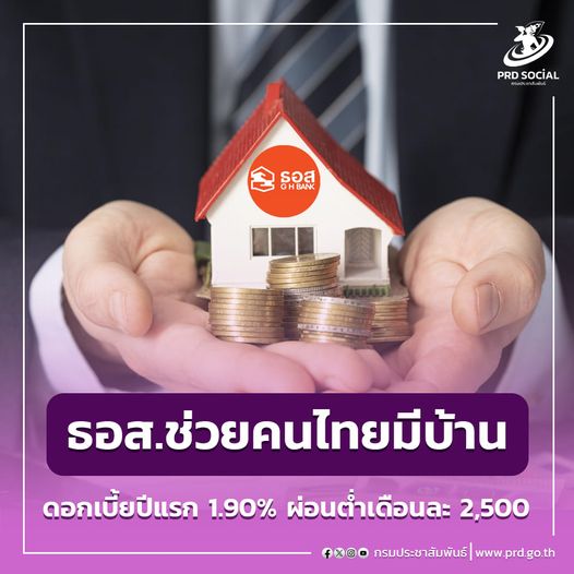 :ธอส. ช่วยคนไทยมีที่อยู่อาศัยเพิ่มมากขึ้น จัดทำสินเชื่อพิเศษ ดอกเบี้ยปีแรกเพียง 1.90% ต่อปี ผ่อนเริ่มต้นเพียง 2,500 บาท/เดือน